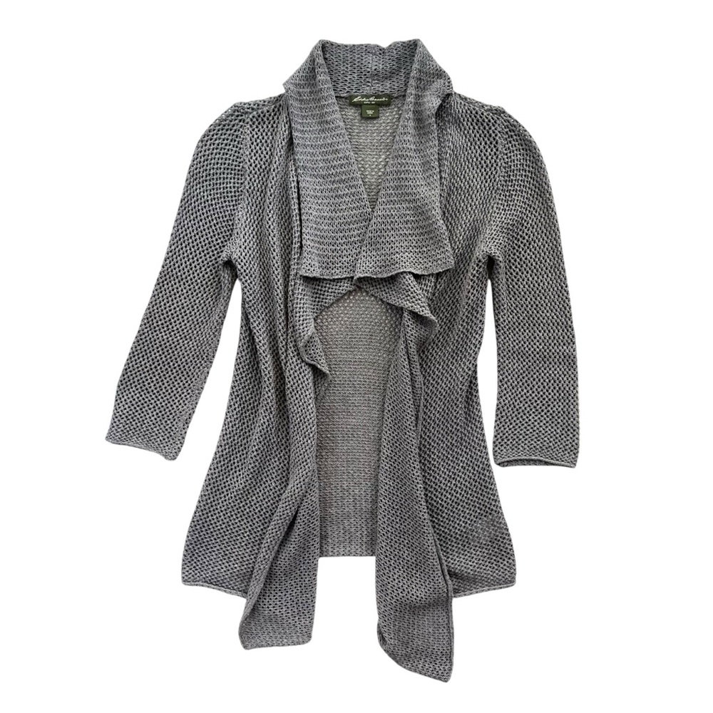 Eddie Bauer Womens Small Gray Crochet Open Knit Waterfall Collar 3/4 Sl Cardigan